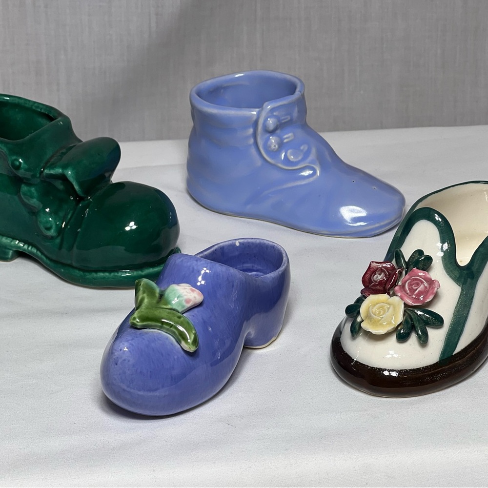Four ceramic pottery, art, collectible, shoes boots McCoy, USA, antique vintage